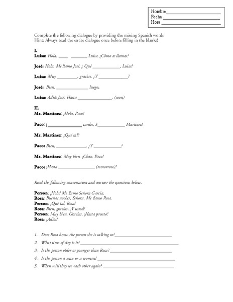 Dialogue Practice  Worksheet