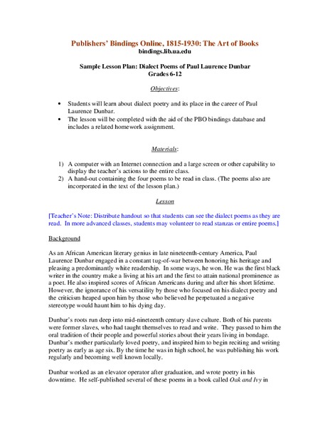 Dialect Poems of Paul Laurence Dunbar Lesson Plan