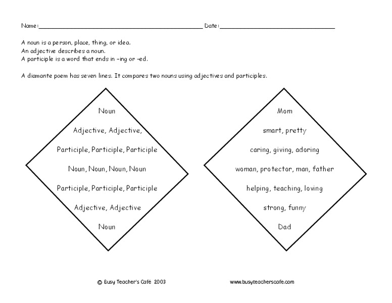 Diamante Poem Worksheet