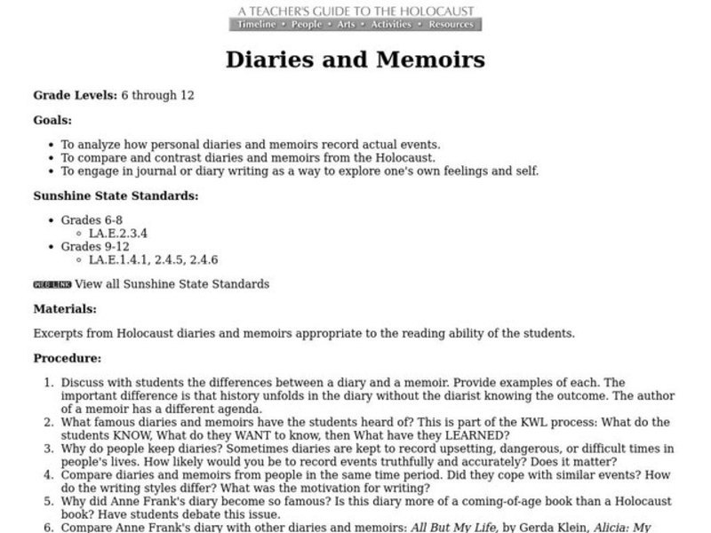 Diaries And Memoirs Lesson Plan