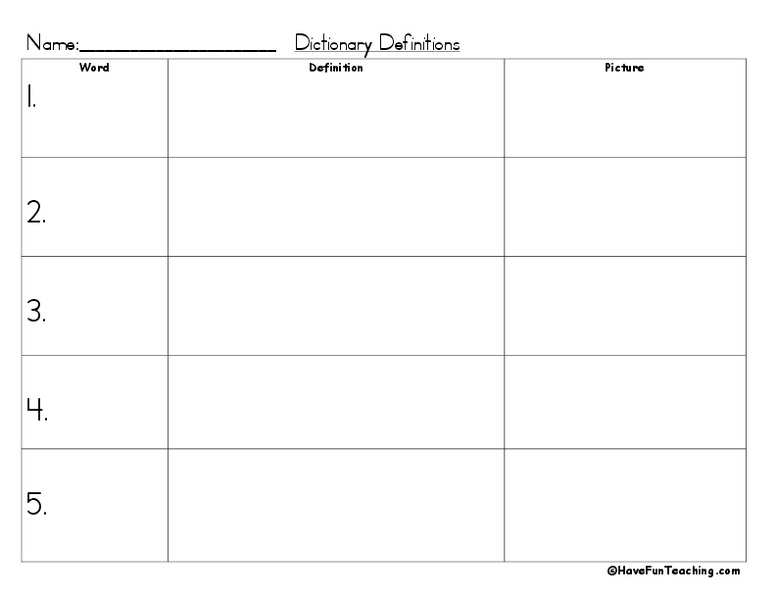 Dictionary Definitions Worksheet