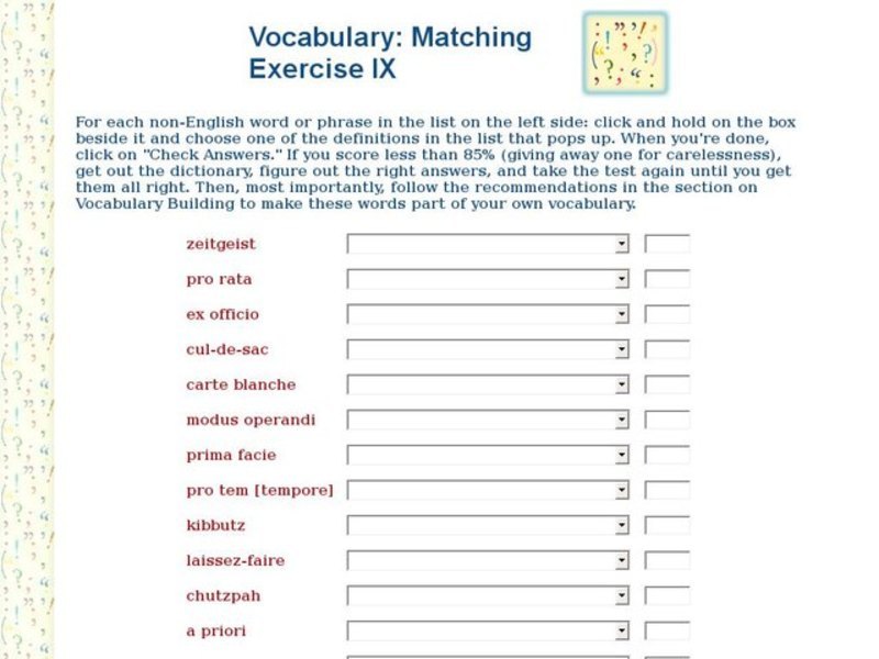 Vocabulary: Matching Exercise IX Interactive