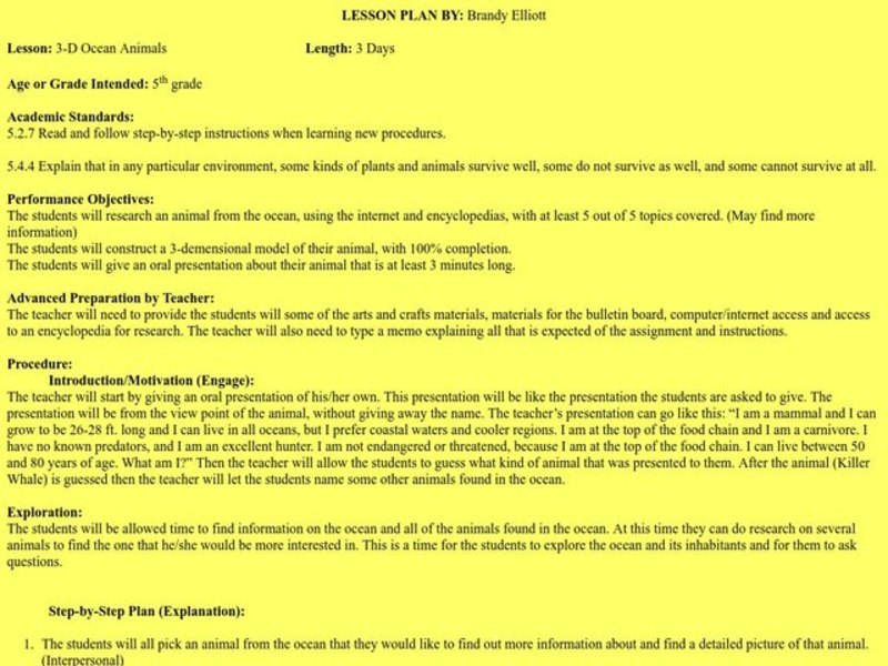 3-D Ocean Animals Lesson Plan