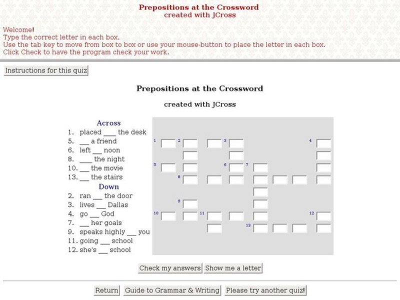 Prepositions at the Crossword Interactive