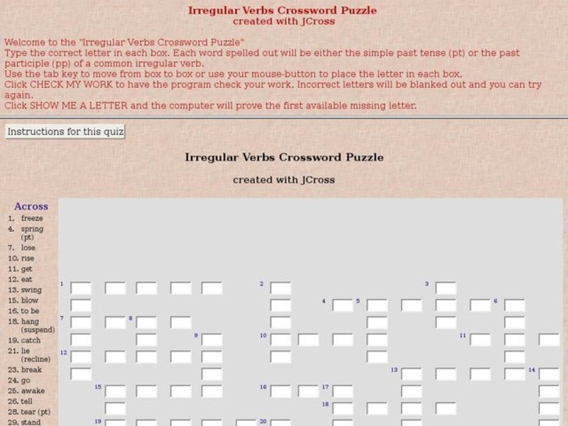 Irregular Verbs Crossword Puzzle: On-line Interactive Interactive