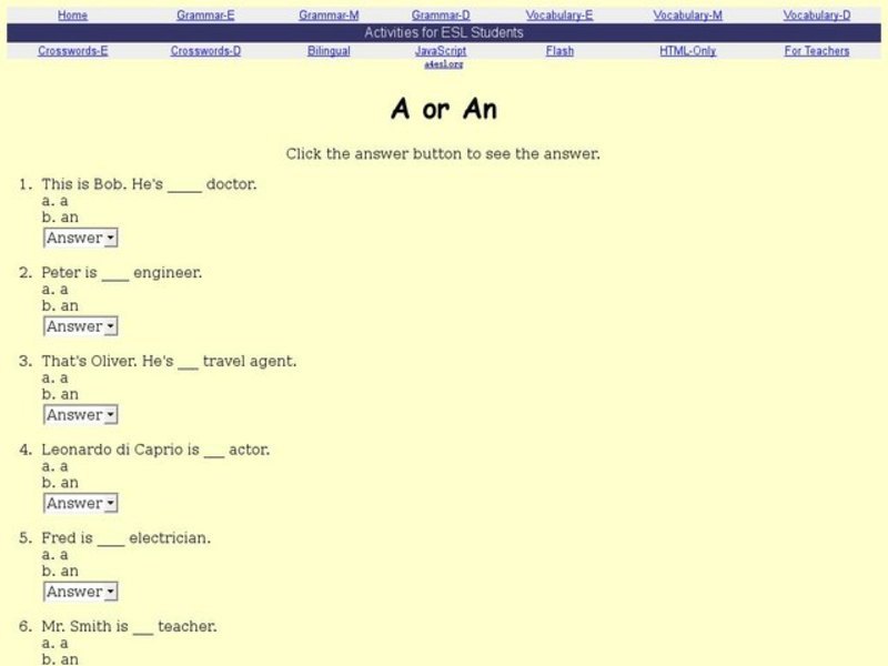 ESL Activity: A or An? Fill-In-The-Blank Interactive