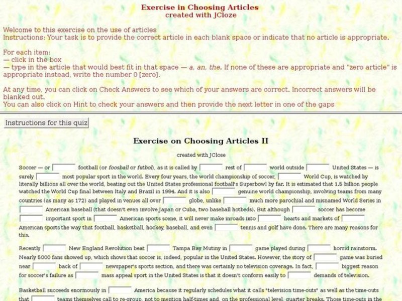 Exercise on Choosing Articles II Interactive