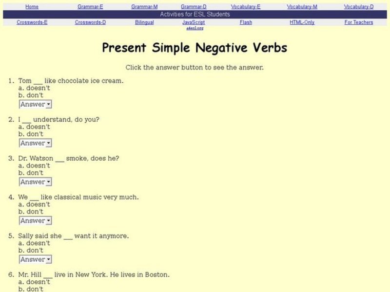 Present Simple Negative Verbs Interactive