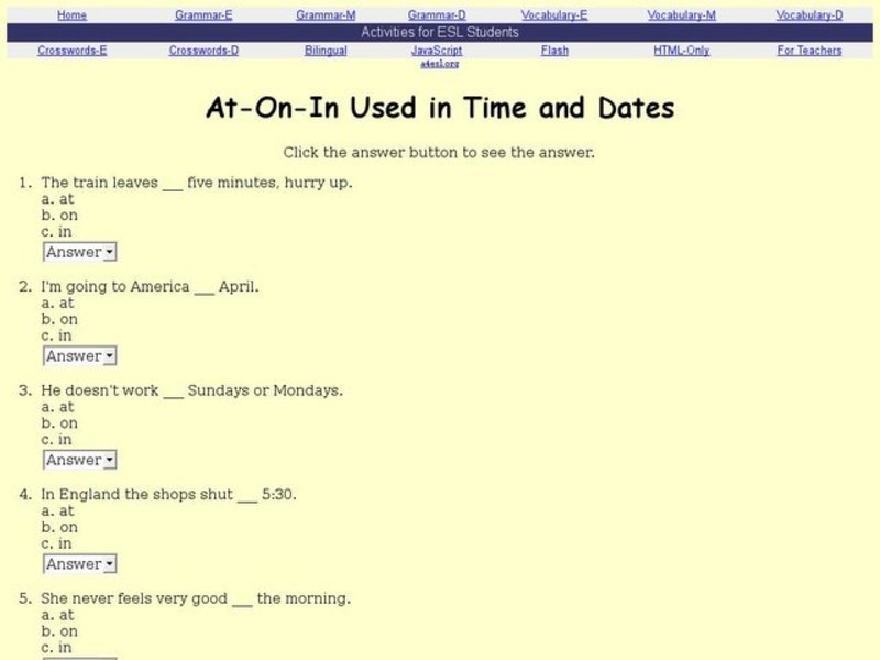 At-On-In Used in Time and Dates Interactive