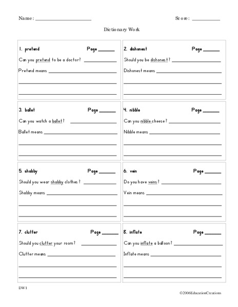 Dictionary Work Worksheet