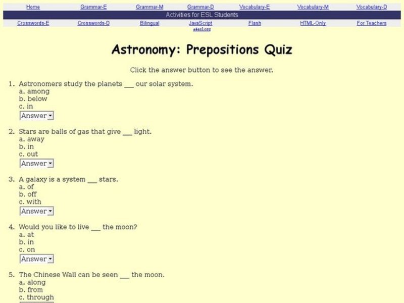 Astronomy: Prepositions Quiz- ESL Interactive