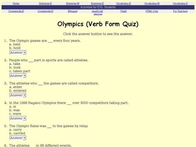 The Olympics: Verb Form Quiz-ESL Interactive