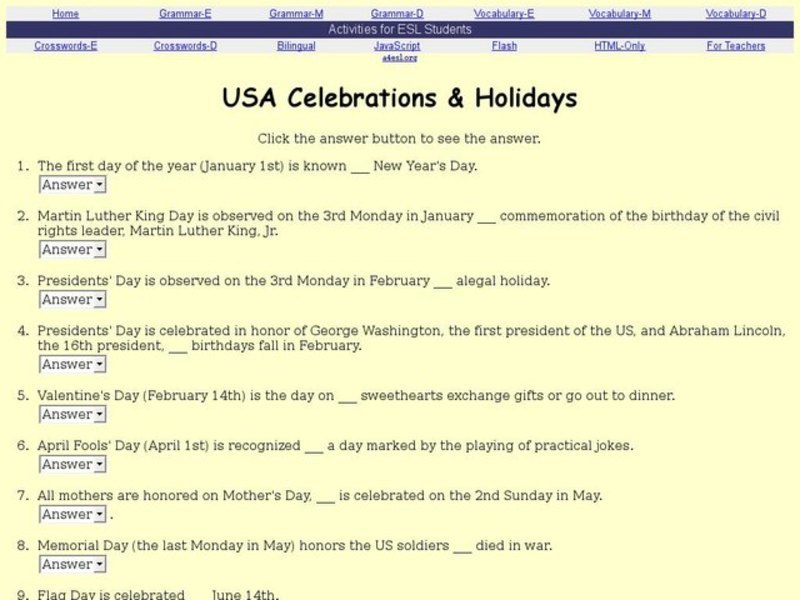 USA Celebrations and Holidays Interactive