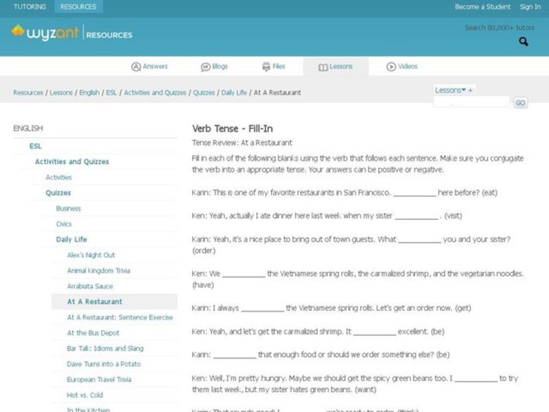 Verb Tense: At a Restaurant Interactive