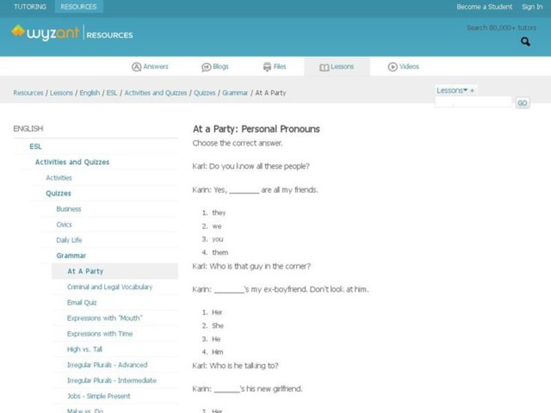 ESL Activity: At a Party: Personal Pronouns Interactive