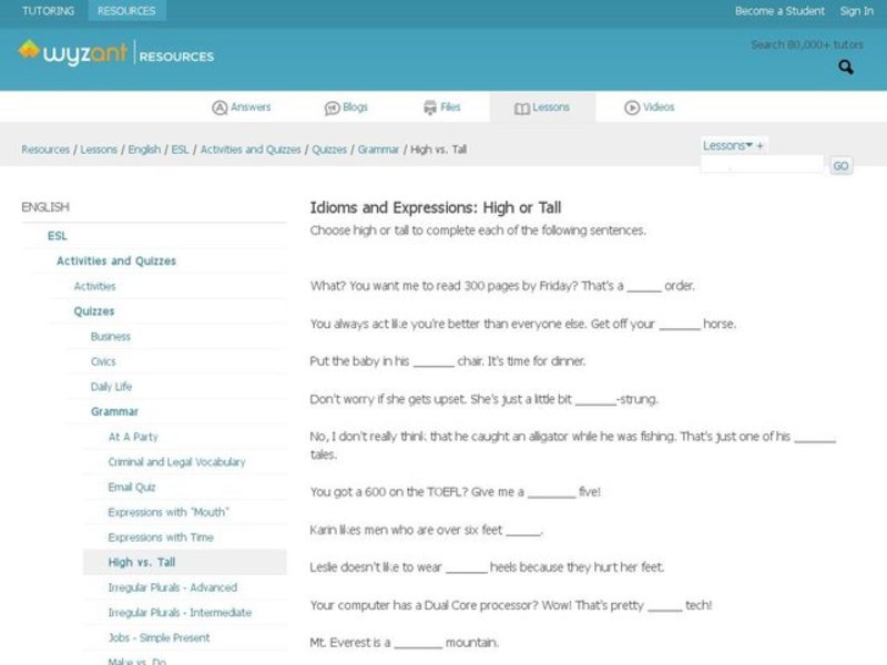Idioms and Expressions: High or Tall Interactive