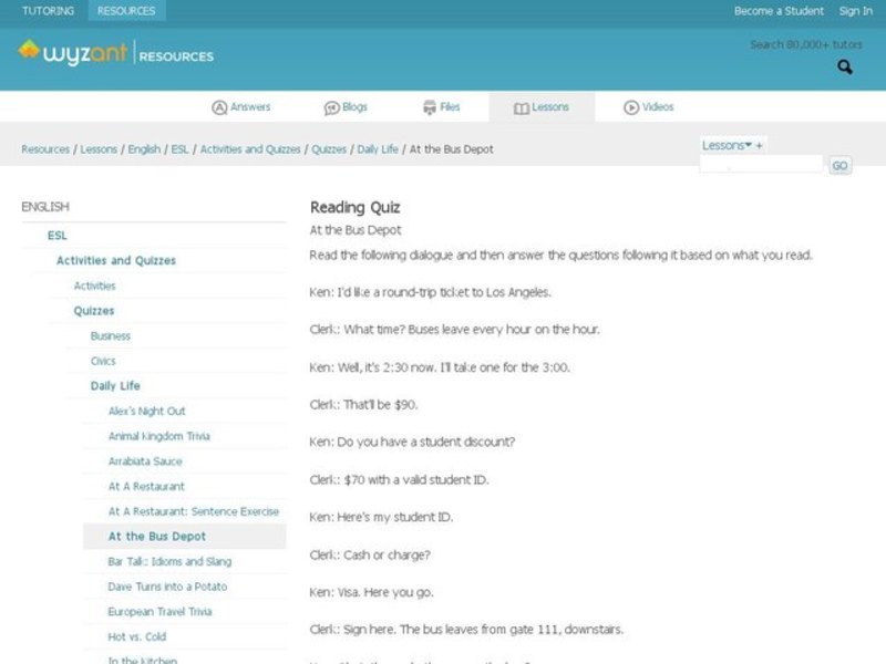 Reading Quiz - At the Bus Depot Interactive