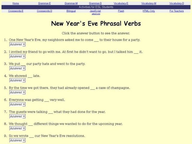 New Year's Eve Phrasal Verbs Interactive