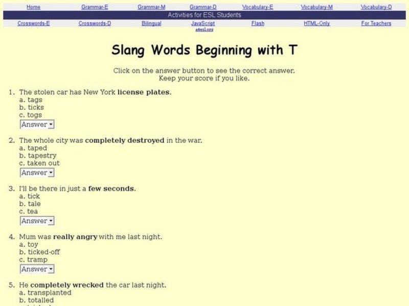 Slang Words Beginning with T Interactive