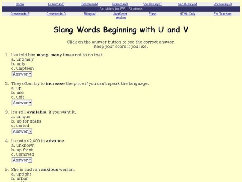 Slang Words Beginning With U and V Interactive