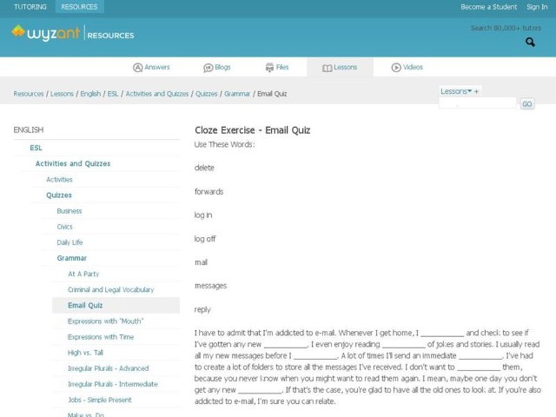 Cloze Exercise - Email Quiz Interactive