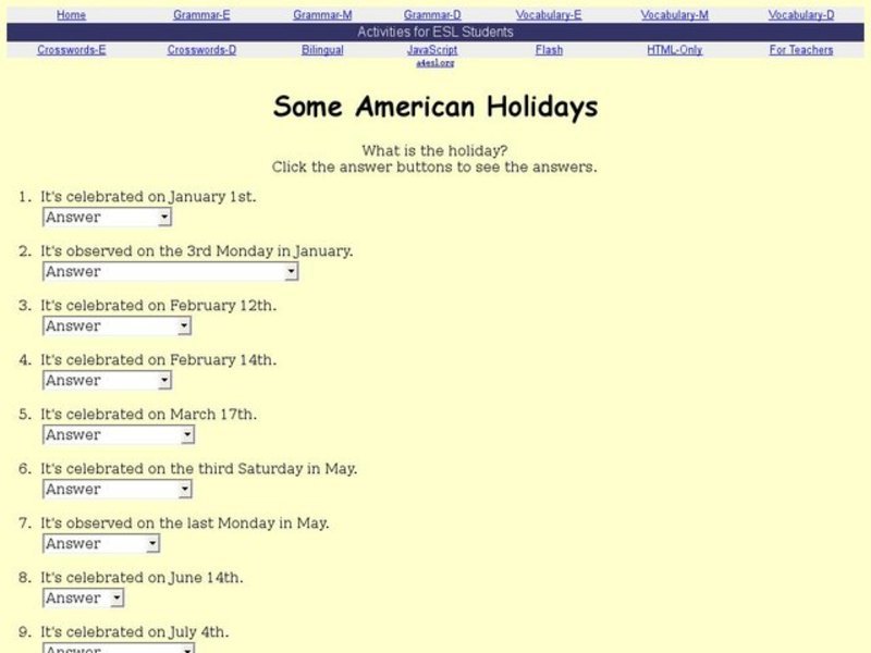 Some American Holidays Interactive