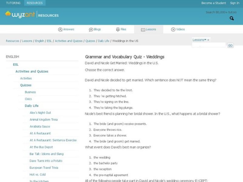 Grammar and Vocabulary Quiz - Weddings Interactive