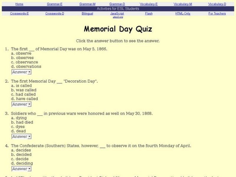 Memorial Day Quiz Interactive