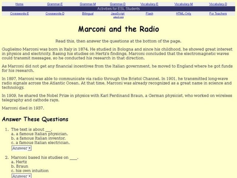 Marconi and the Radio: Reading Comprehension Interactive