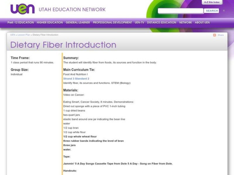 Dietary Fiber Introduction Lesson Plan