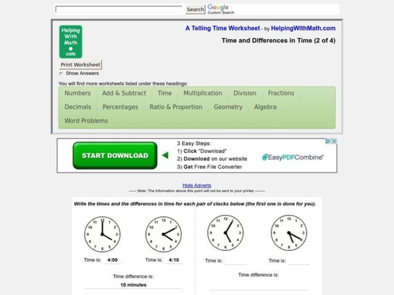 Difference In Time Worksheet