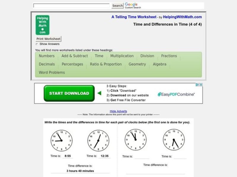 Difference In Time Worksheet