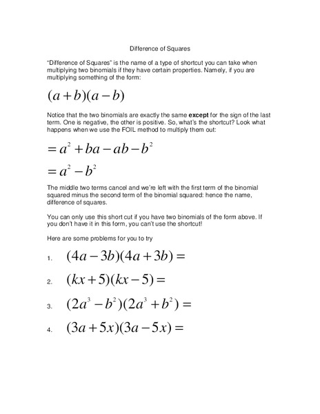 Difference of Squares Worksheet