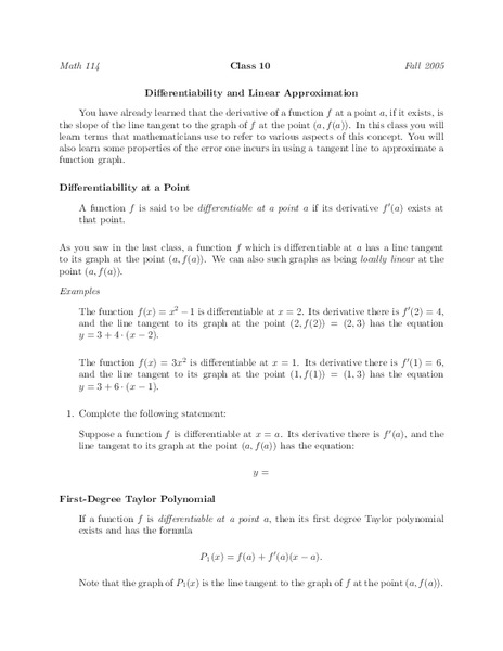Differentiability and Linear Approximation Worksheet
