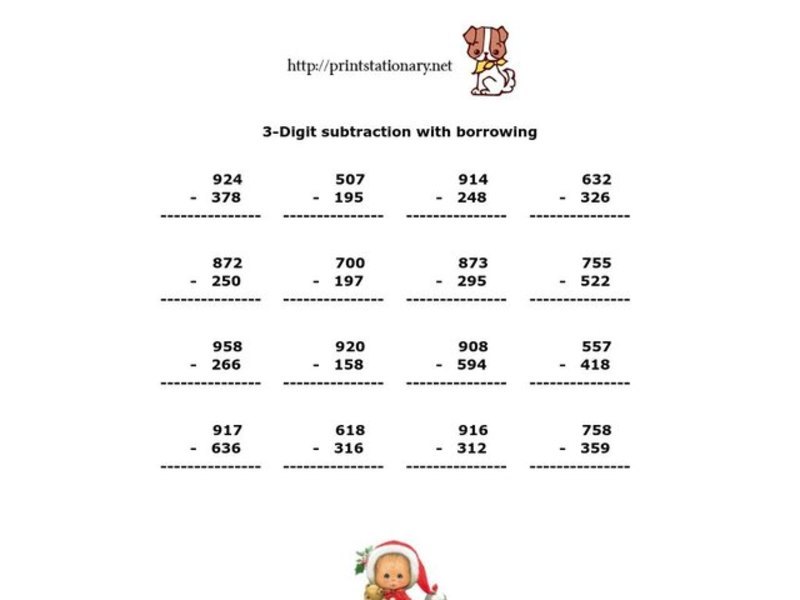3-Digit Subtraction with Borrowing Worksheet