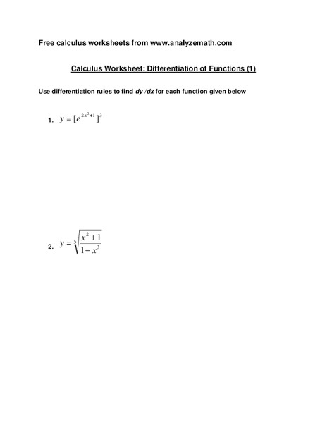 Differentiation of Functions Worksheet