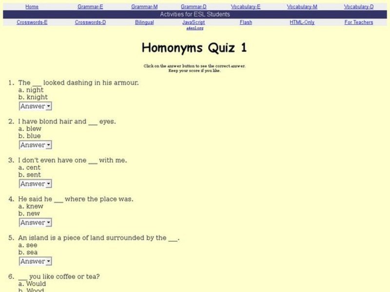 Homonyms Quiz 1 Interactive