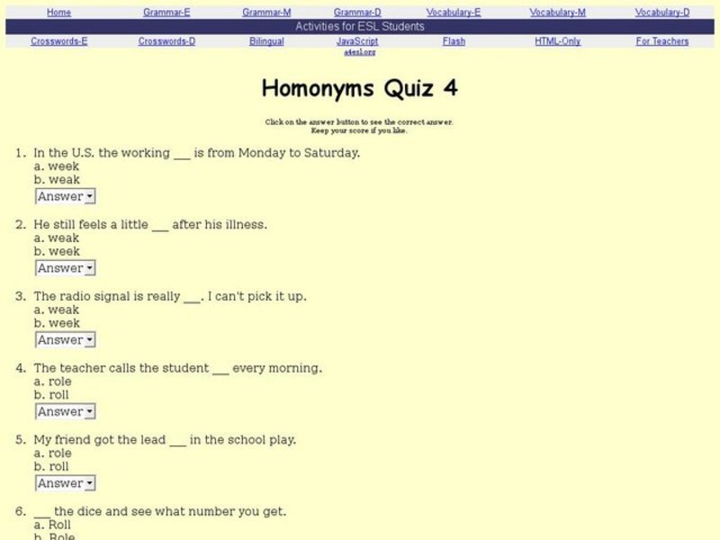 Homonyms Quiz Interactive