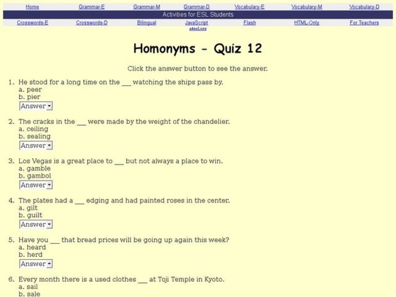 Homonyms - Quiz 12 Interactive