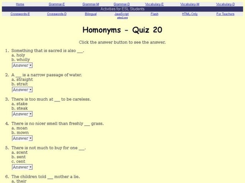 Homonyms Quiz Interactive