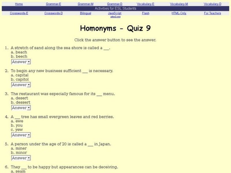 Homonyms- Quiz 9 Interactive