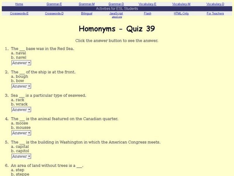 Homonyms- Quiz 39 Interactive