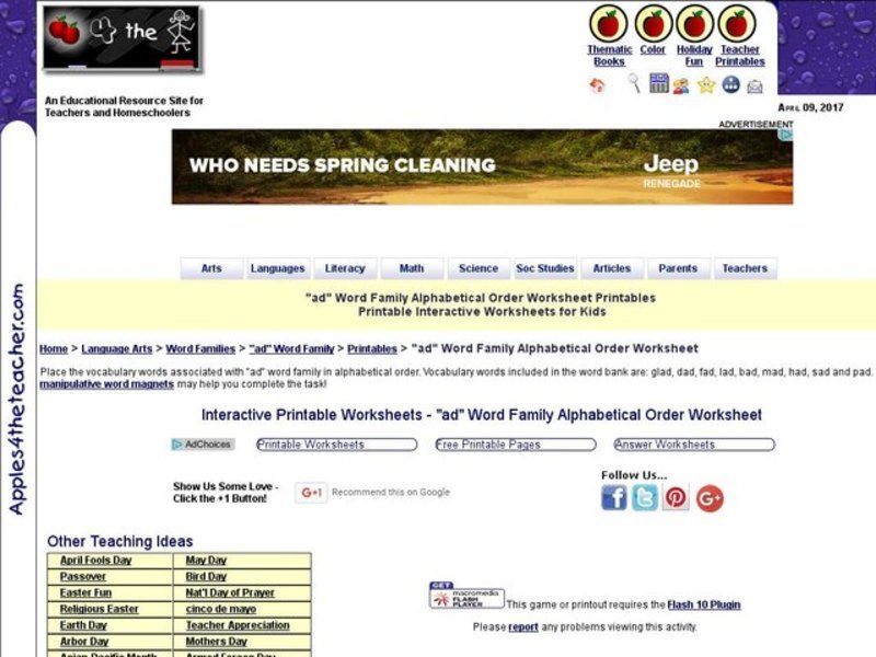 "ad" Word Family Alphabetical Order Worksheet Interactive
