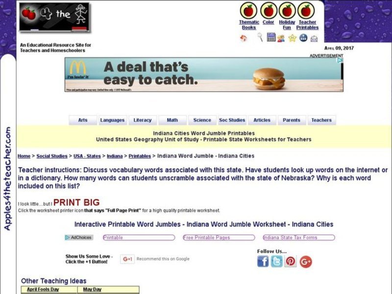 Indiana Cities Word Jumble Interactive