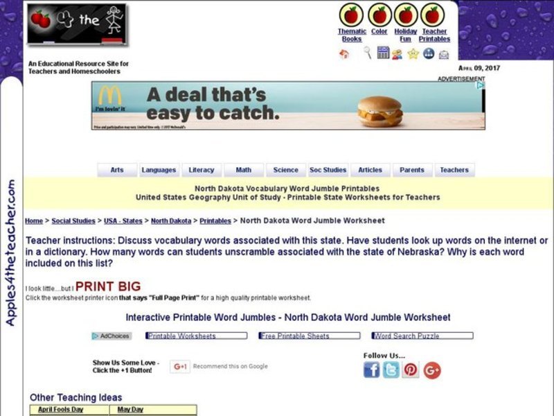 North Dakota Vocabulary Word Jumble Interactive