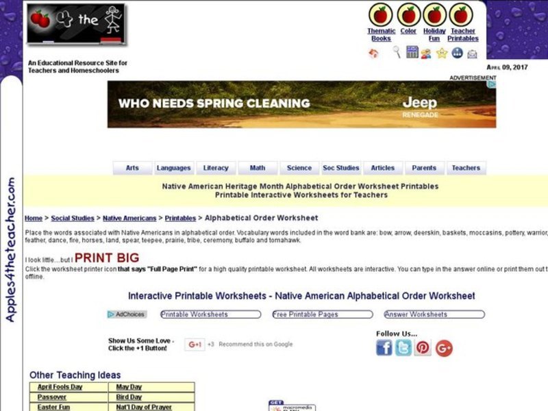 Native American Alphabetical Order Worksheet Interactive