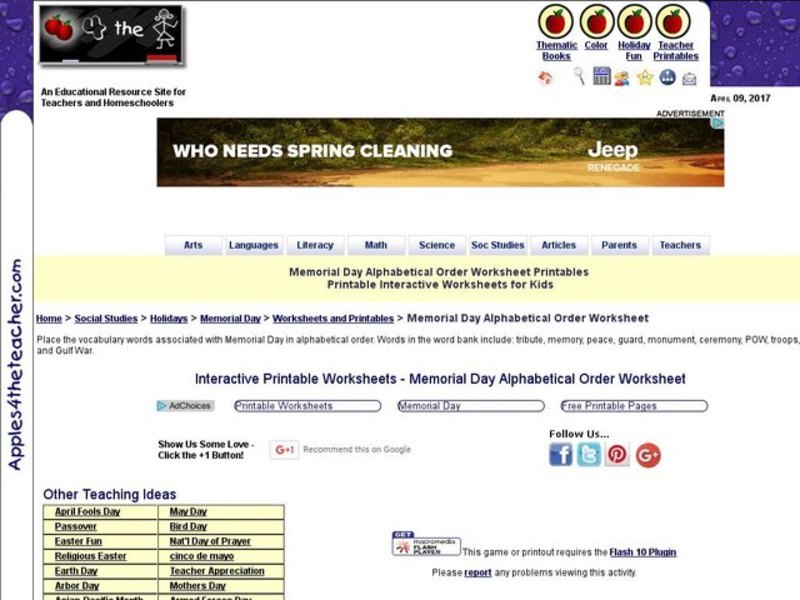 Memorial Day Alphabetical Order Worksheet Interactive