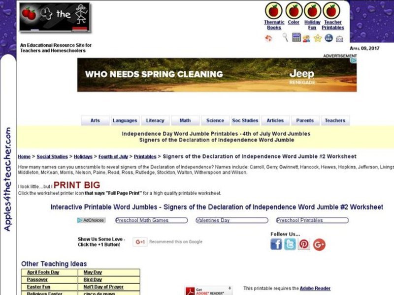 Signers of the Declaration of Independence Word Jumble #2 Worksheet Interactive