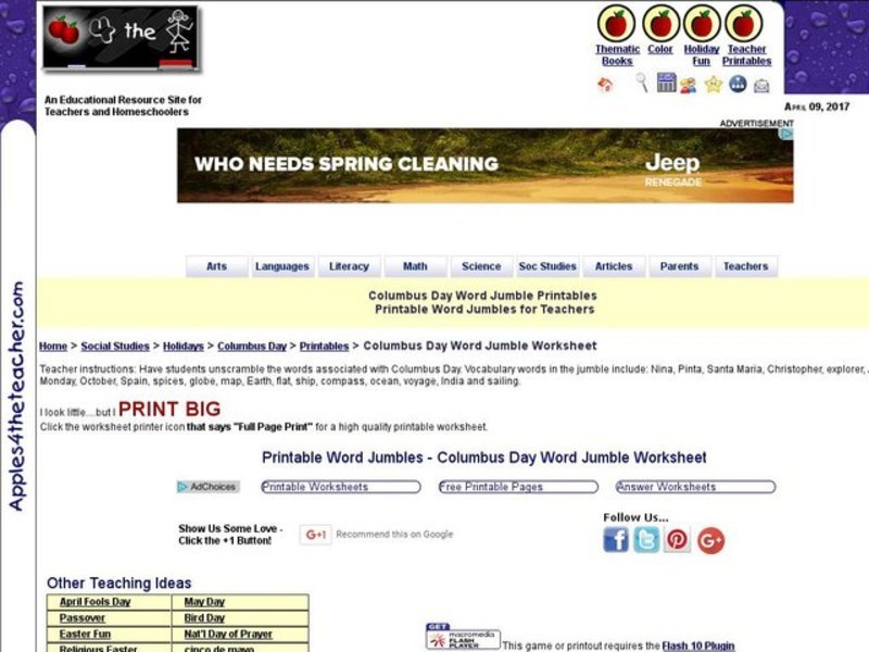 Columbus Day Word Jumble Interactive