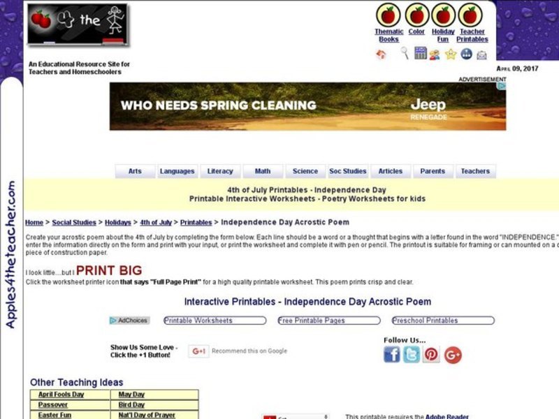 Independence Day Acrostic Poetry Interactive